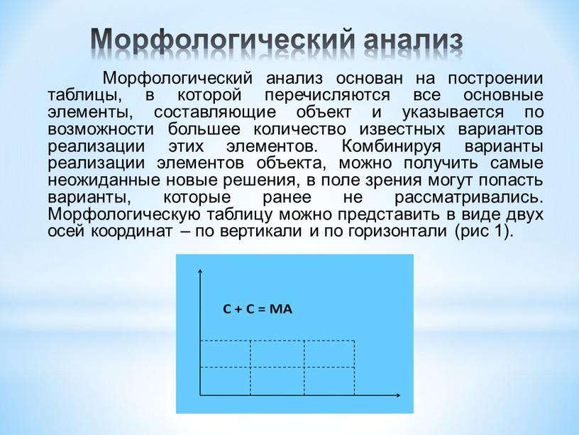 Морфологический анализ основан на построении таблицы, в которой перечисляются все основные элементы, составляющие объект и указывается по возможности большее количество известных вариантов реализации этих элементов