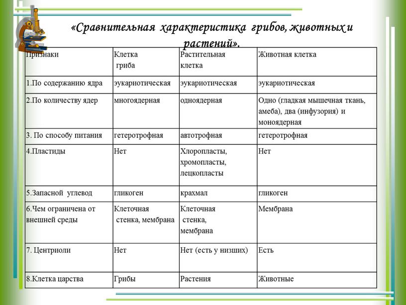 Сравнительная характеристика грибов, животных и растений»