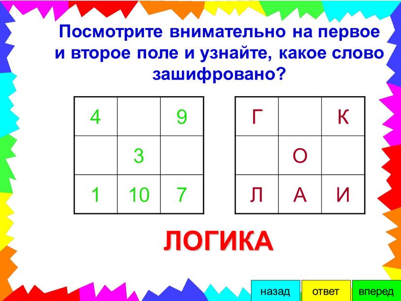 Посмотрите внимательно на первое и второе поле и узнайте, какое слово зашифровано? 4 9 3 1 10 7