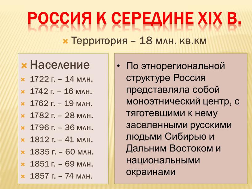 Россия к середине XIX в. Территория – 18 млн