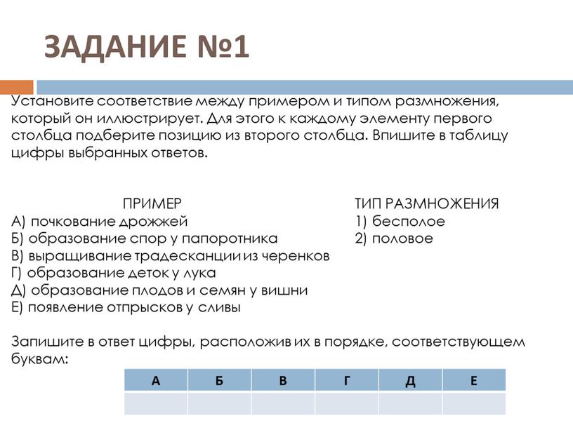 ЗАДАНИЕ №1 Установите соответствие между примером и типом размножения, который он иллюстрирует