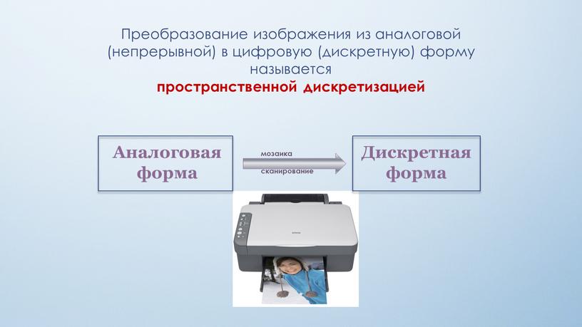 Преобразование изображения из аналоговой (непрерывной) в цифровую (дискретную) форму называется пространственной дискретизацией