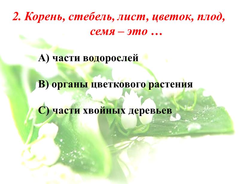 Корень, стебель, лист, цветок, плод, семя – это …