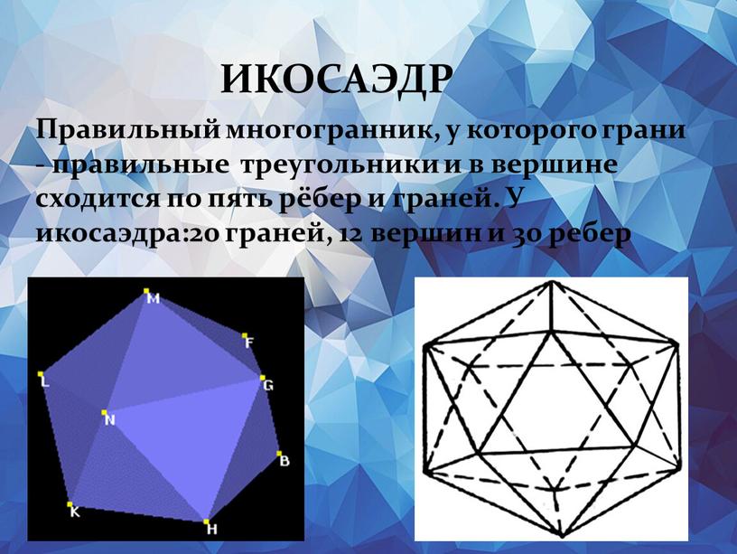 ИКОСАЭДР Правильный многогранник, у которого грани - правильные треугольники и в вершине сходится по пять рёбер и граней