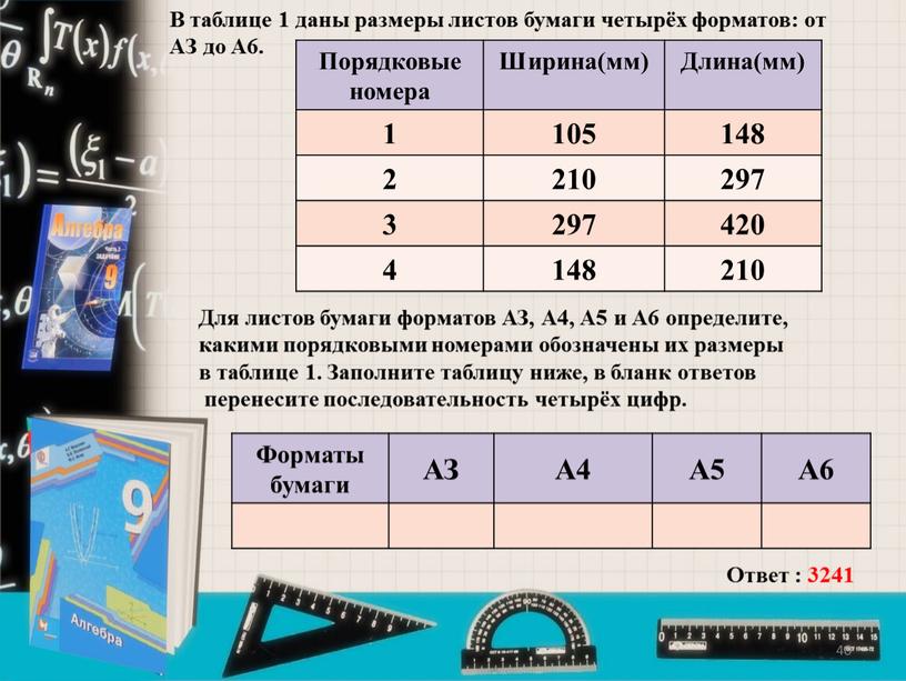 В таблице 1 даны размеры листов бумаги четырёх форматов: от