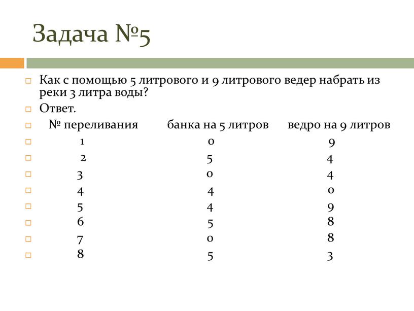 Задача №5 Как с помощью 5 литрового и 9 литрового ведер набрать из реки 3 литра воды?