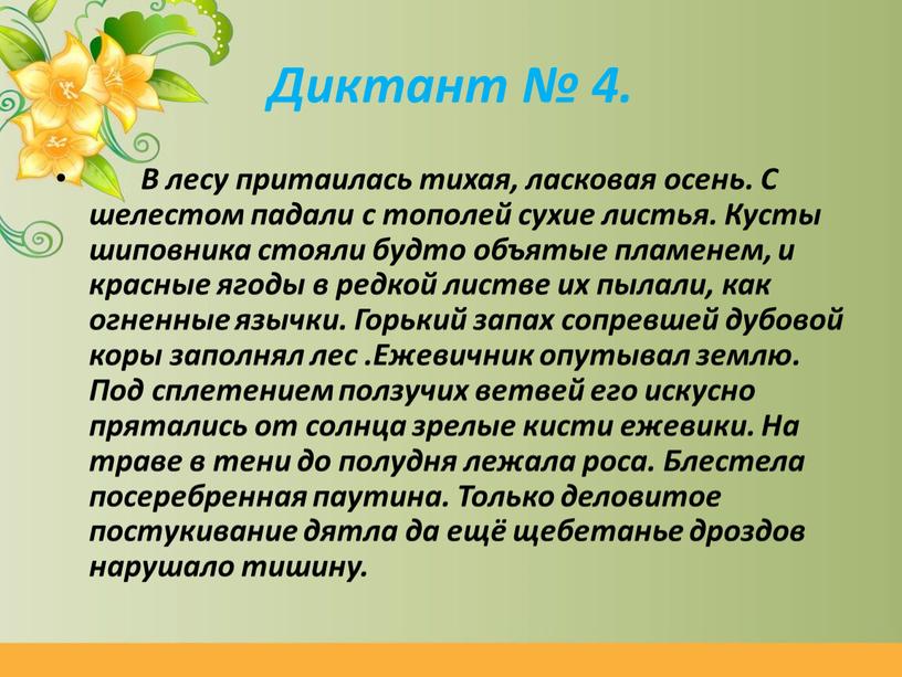 Диктант № 4. В лесу притаилась тихая, ласковая осень