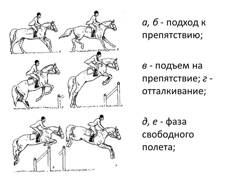 а, б - подход к препятствию; в - подъем на препятствие; г - отталкивание; д, е - фаза свободного полета;