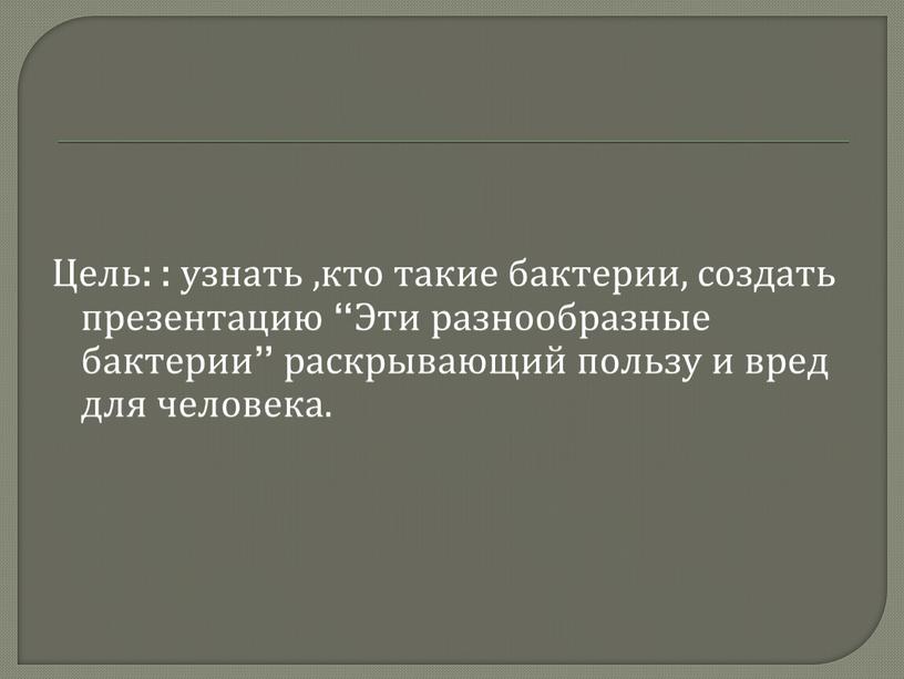 Цель: : узнать ,кто такие бактерии, создать презентацию “Эти разнообразные бактерии” раскрывающий пользу и вред для человека