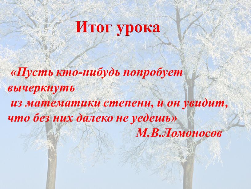 Итог урока «Пусть кто-нибудь попробует вычеркнуть из математики степени, и он увидит, что без них далеко не уедешь»