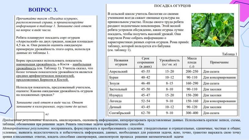 ВОПРОС 3. Предметные результаты : извлекать, анализировать, оценивать информацию, интерпретировать представленные данные