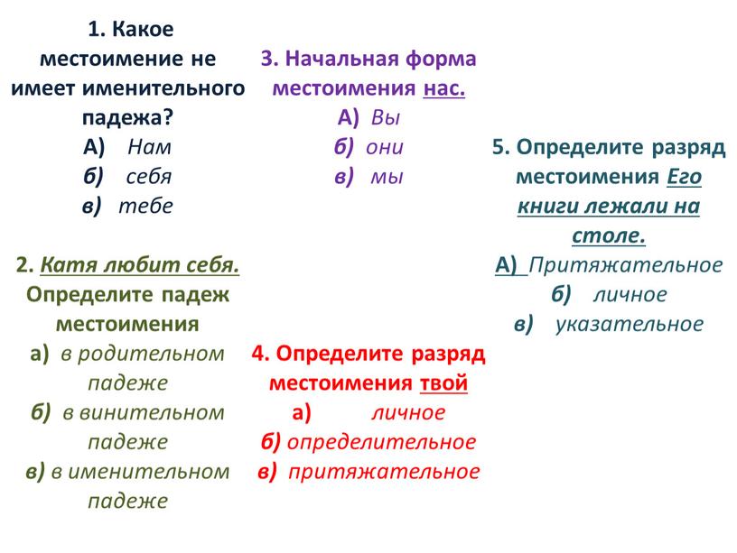 Какое местоимение не имеет именительного падежа?