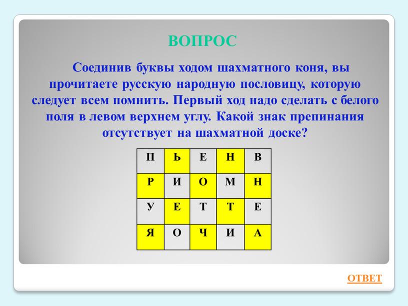 ВОПРОС Соединив буквы ходом шахматного коня, вы прочитаете русскую народную пословицу, которую следует всем помнить