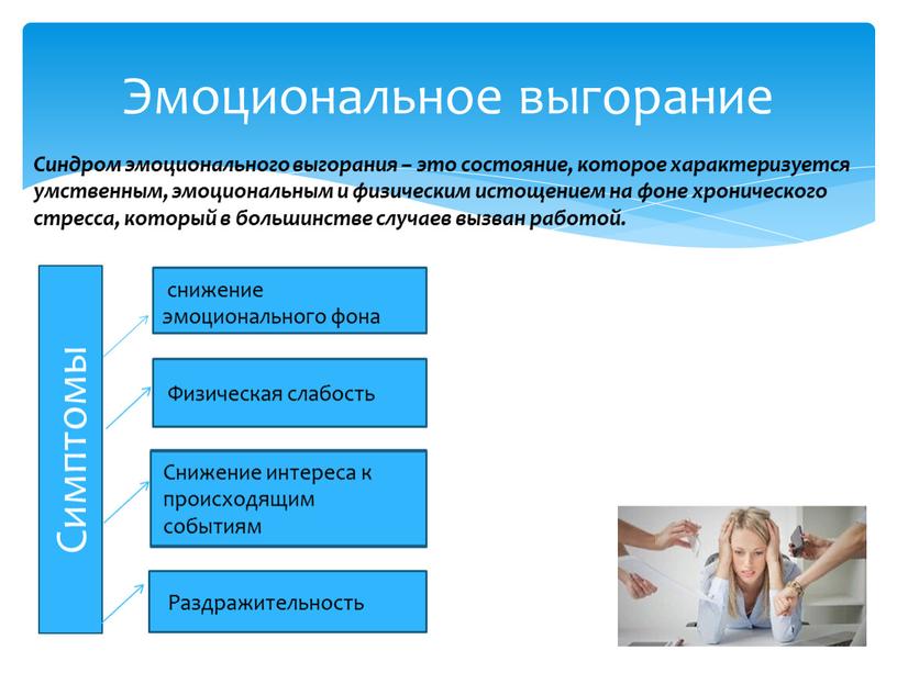 Эмоциональное выгорание Синдром эмоционального выгорания – это состояние, которое характеризуется умственным, эмоциональным и физическим истощением на фоне хронического стресса, который в большинстве случаев вызван работой