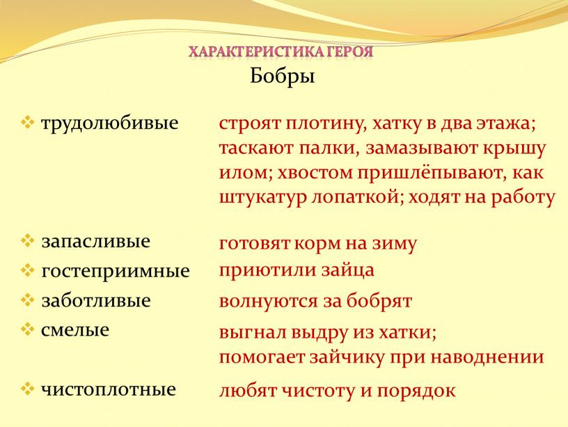 Бобры трудолюбивые запасливые гостеприимные заботливые смелые чистоплотные строят плотину, хатку в два этажа; таскают палки, замазывают крышу илом; хвостом пришлёпывают, как штукатур лопаткой; ходят на…