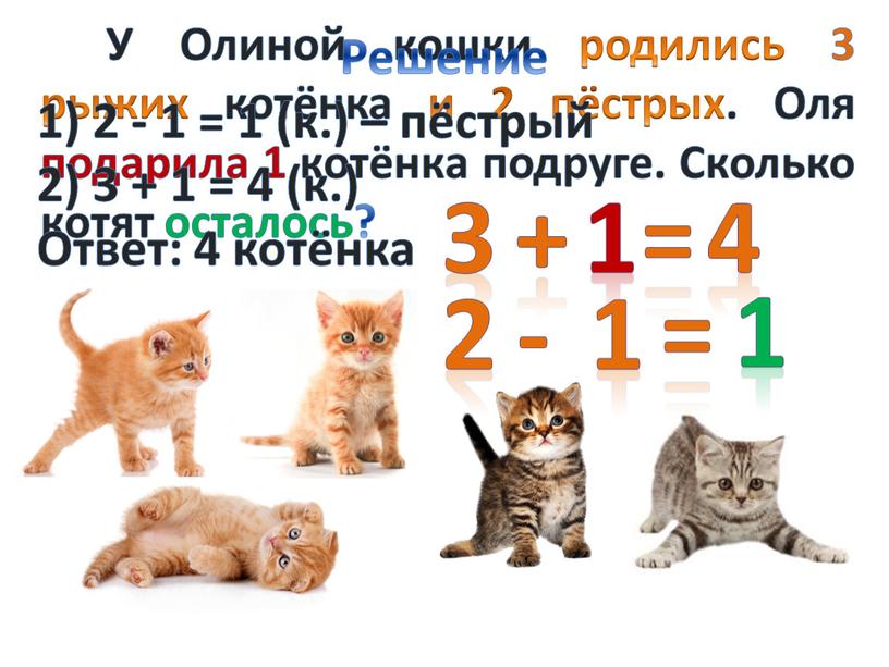 У Олиной кошки родились 3 рыжих котёнка и 2 пёстрых