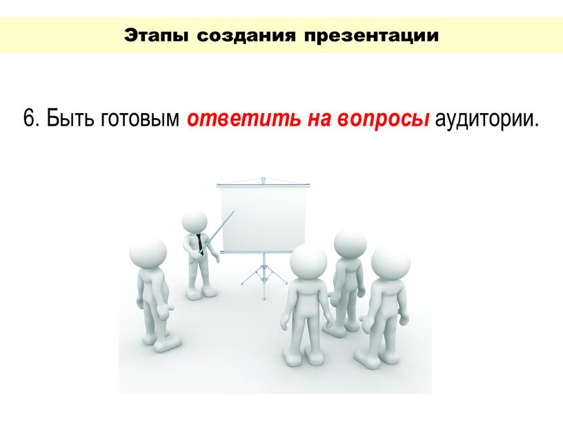 Этапы создания презентации 6. Быть готовым ответить на вопросы аудитории