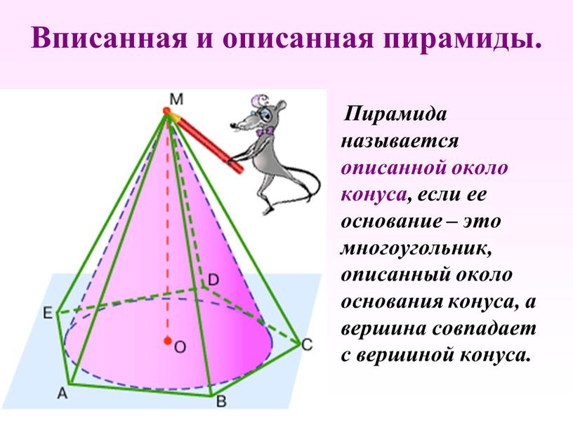 Пирамида называется описанной около конуса, если ее основание – это многоугольник, описанный около основания конуса, а вершина совпадает с вершиной конуса