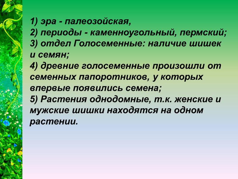 Голосеменные: наличие шишек и семян; 4) древние голосеменные произошли от семенных папоротников, у которых впервые появились семена; 5)