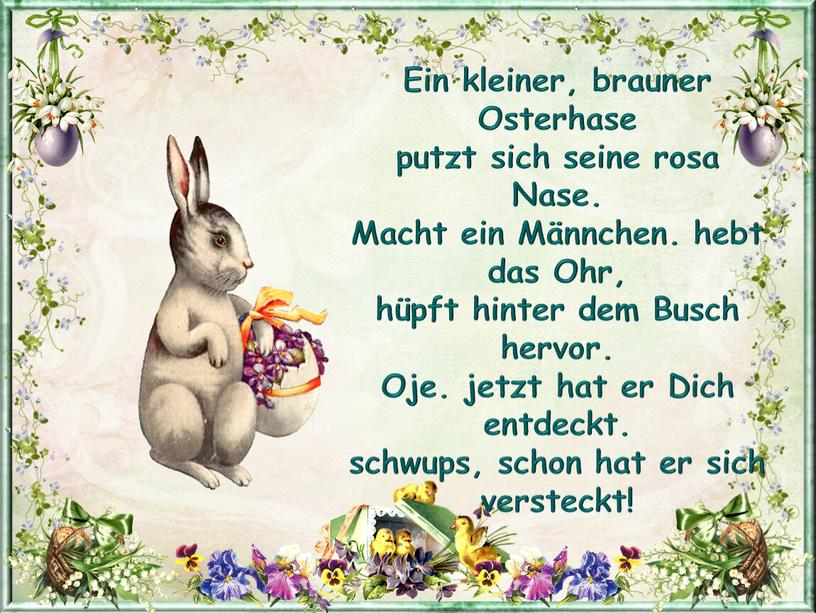 Ein kleiner, brauner Osterhase putzt sich seine rosa