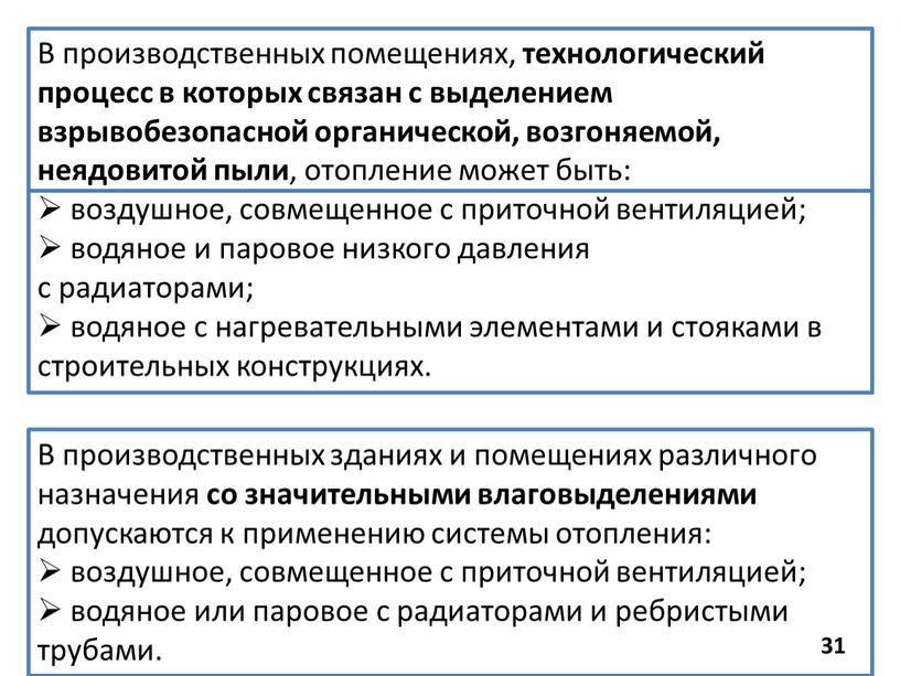 В производственных помещениях, технологический процесс в которых связан с выделением взрывобезопасной органической, возгоняемой, неядовитой пыли , отопление может быть: воздушное, совмещенное с приточной вентиляцией; водяное…