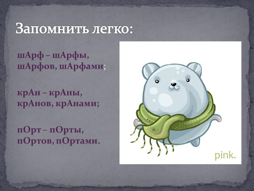 Запомнить легко: шАрф – шАрфы, шАрфов, шАрфами ; крАн – крАны, крАнов, крАнами; пОрт – пОрты, пОртов, пОртами