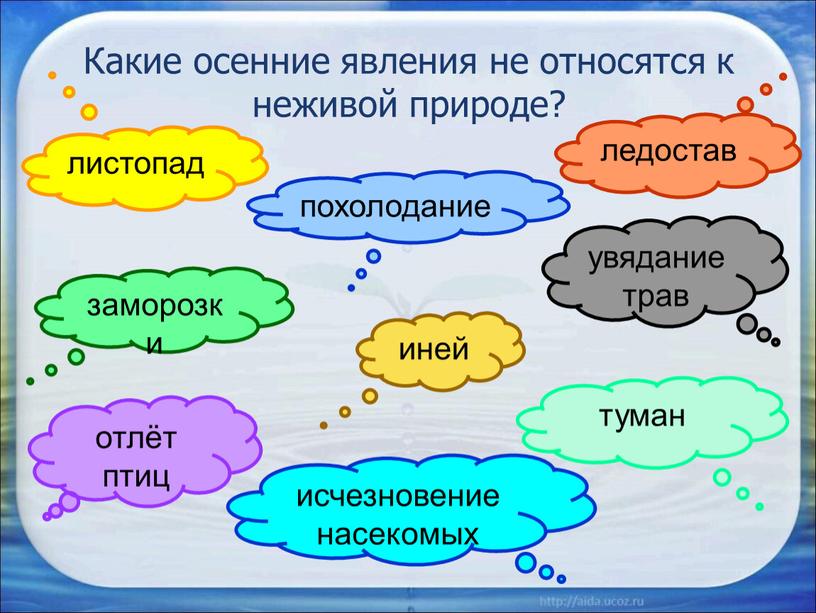 Какие осенние явления не относятся к неживой природе? листопад ледостав похолодание заморозки туман увядание трав иней отлёт птиц исчезновение насекомых