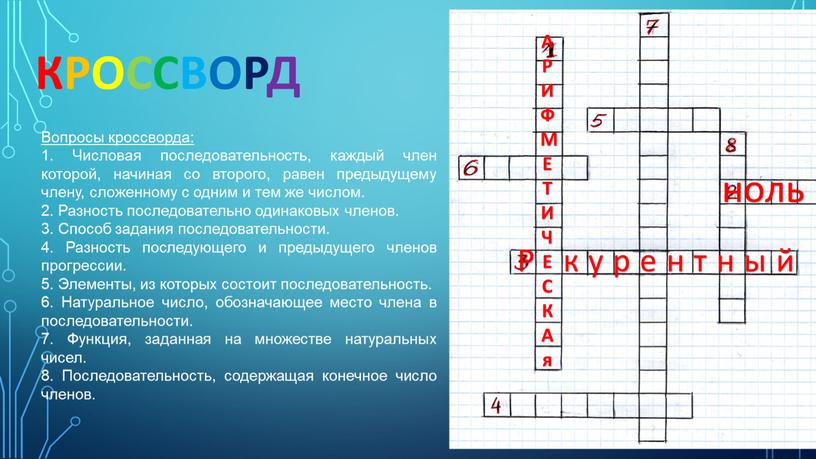 Вопросы кроссворда: 1. Числовая последовательность, каждый член которой, начиная со второго, равен предыдущему члену, сложенному с одним и тем же числом