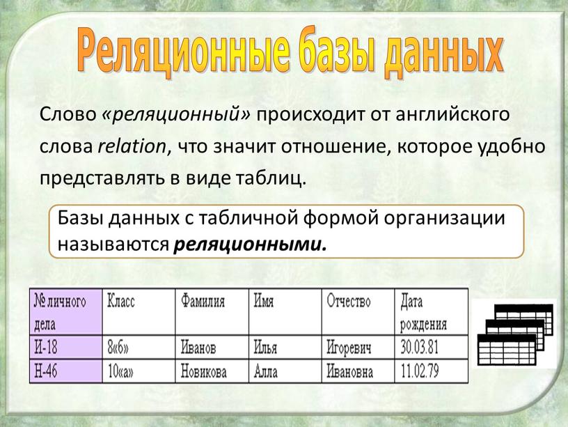 Слово «реляционный» происходит от английского слова relation , что значит отношение, которое удобно представлять в виде таблиц