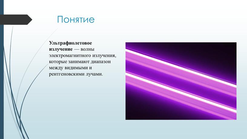 Понятие Ультрафиолетовое излучение — волны электромагнитного излучения, которые занимают диапазон между видимыми и рентгеновскими лучами