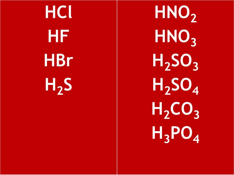 HCl HF HBr H2S HNO2 HNO3 H2SO3