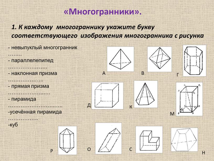 Многогранники». 1. К каждому многограннику укажите букву соответствующего изображения многогранника с рисунка - невыпуклый многогранник ……