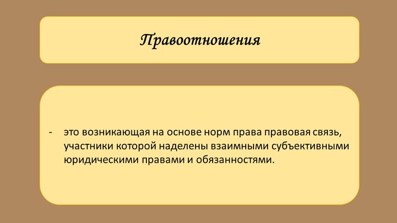 Правоотношения это возникающая на основе норм права правовая связь, участники которой наделены взаимными субъективными юридическими правами и обязанностями