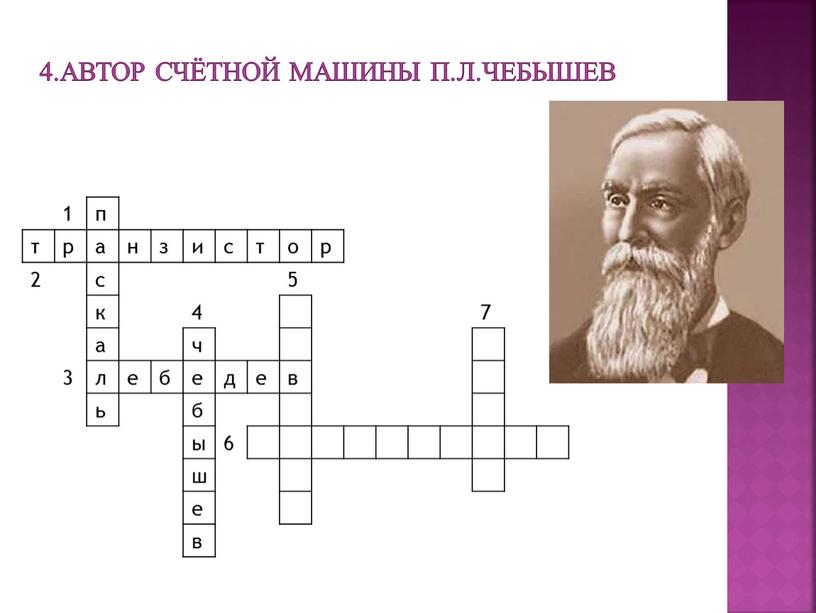 Автор счётной Машины П.Л.чебышев 1 п т р а н з и с т о р 2 с 5 к 4 7 а ч 3…