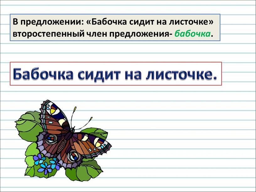 В предложении: «Бабочка сидит на листочке» второстепенный член предложения- бабочка