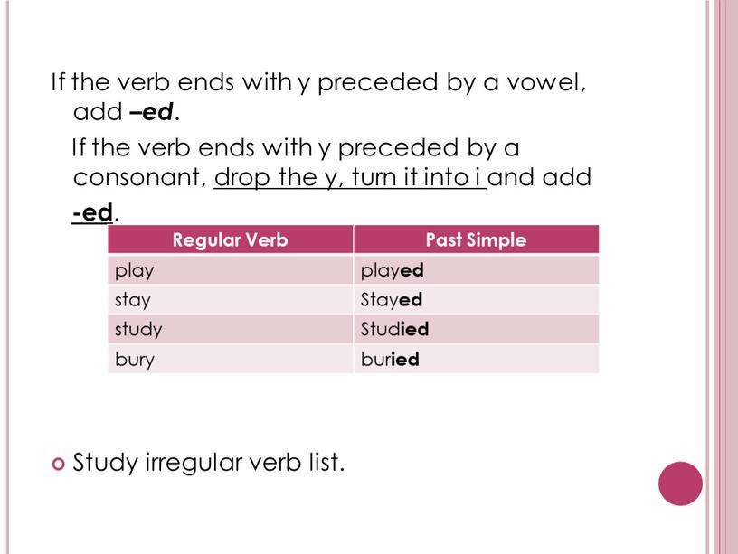 If the verb ends with y preceded by a vowel, add –ed