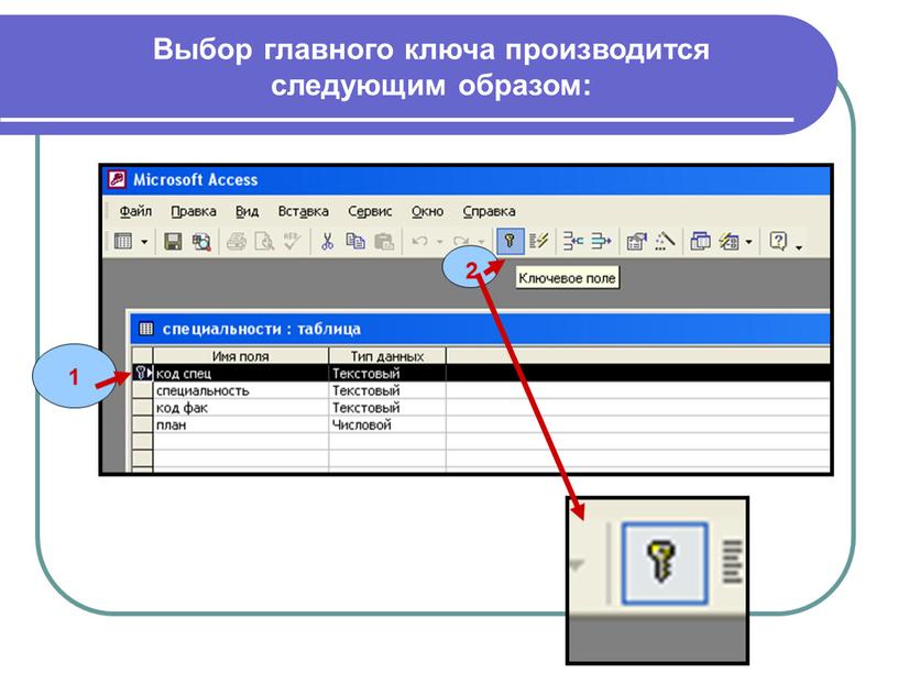 Выбор главного ключа производится следующим образом: 1 2