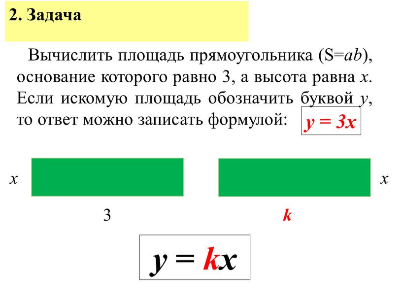 Задача Вычислить площадь прямоугольника (S= ab ), основание которого равно 3, а высота равна х