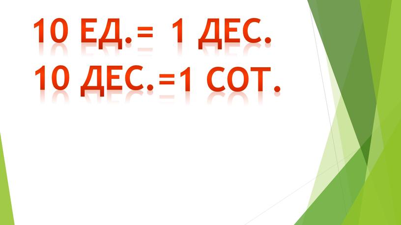 10 дес.= 10 ед.= 1 дес. 1 сот.