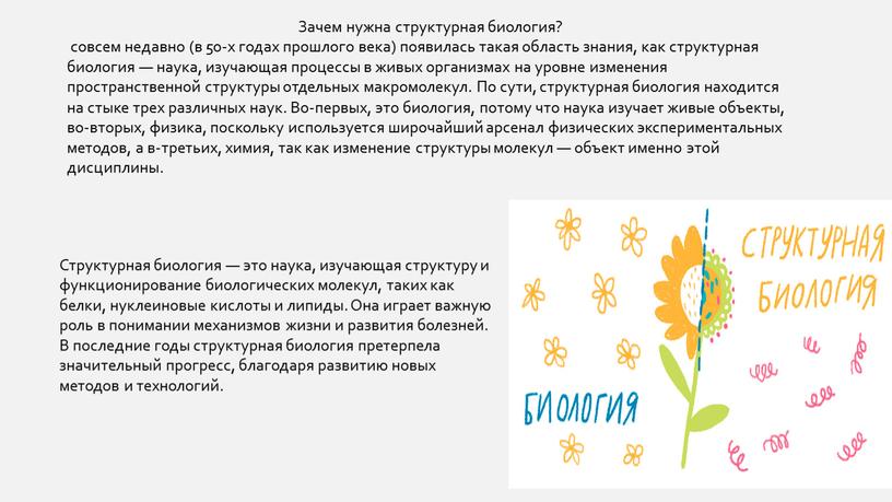 Зачем нужна структурная биология? совсем недавно (в 50-х годах прошлого века) появилась такая область знания, как структурная биология — наука, изучающая процессы в живых организмах…