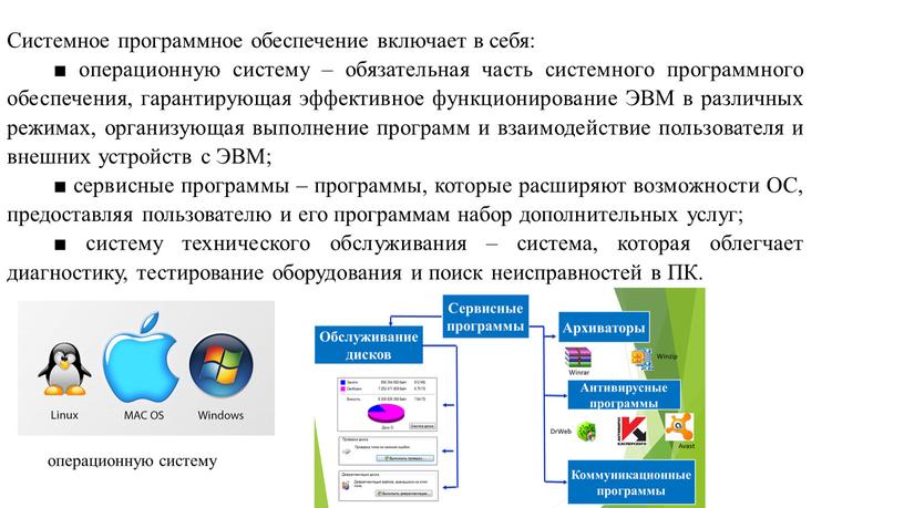 Системное программное обеспечение включает в себя: ■ операционную систему – обязательная часть системного программного обеспечения, гарантирующая эффективное функционирование