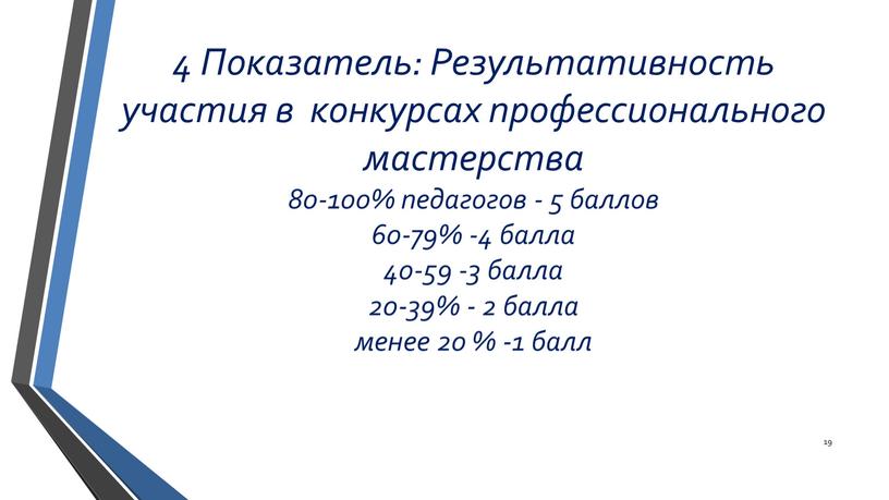 Показатель: Результативность участия в конкурсах профессионального мастерства 80-100% педагогов - 5 баллов 60-79% -4 балла 40-59 -3 балла 20-39% - 2 балла менее 20 %…