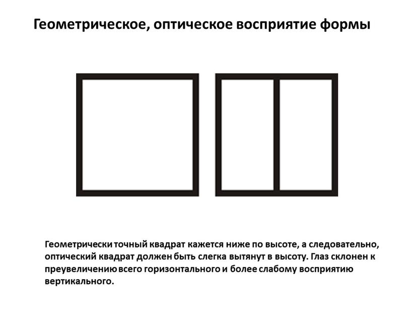 Геометрически точный квадрат кажется ниже по высоте, а следовательно, оптический квадрат должен быть слегка вытянут в высоту