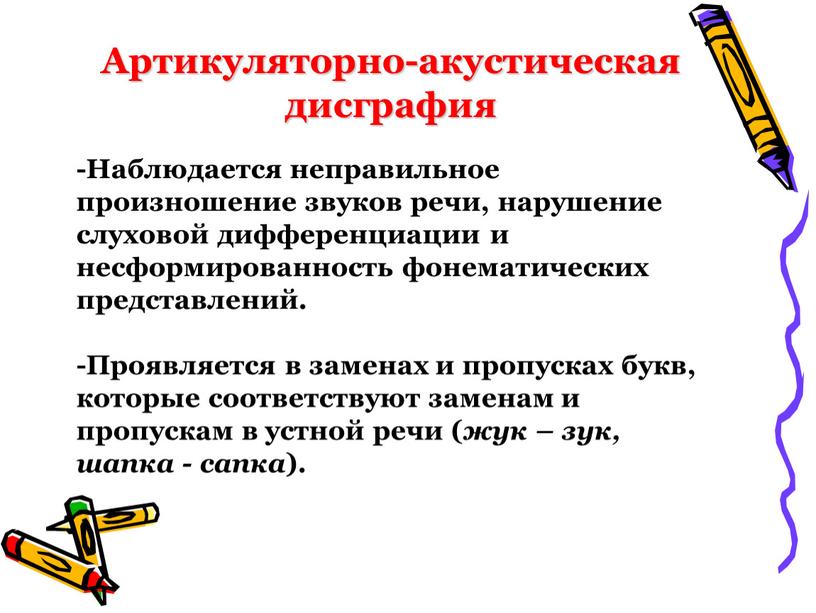 Артикуляторно-акустическая дисграфия -Наблюдается неправильное произношение звуков речи, нарушение слуховой дифференциации и несформированность фонематических представлений