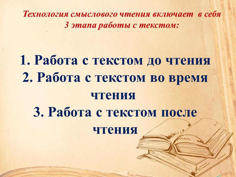 Технология смыслового чтения включает в себя 3 этапа работы с текстом: 1