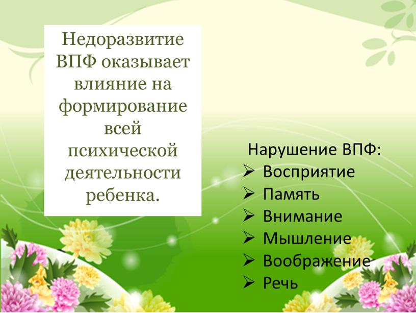 Недоразвитие ВПФ оказывает влияние на формирование всей психической деятельности ребенка