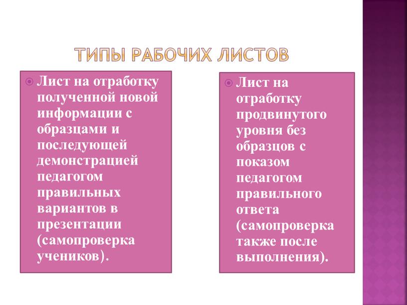 Типы рабочих листов Лист на отработку полученной новой информации с образцами и последующей демонстрацией педагогом правильных вариантов в презентации (самопроверка учеников )