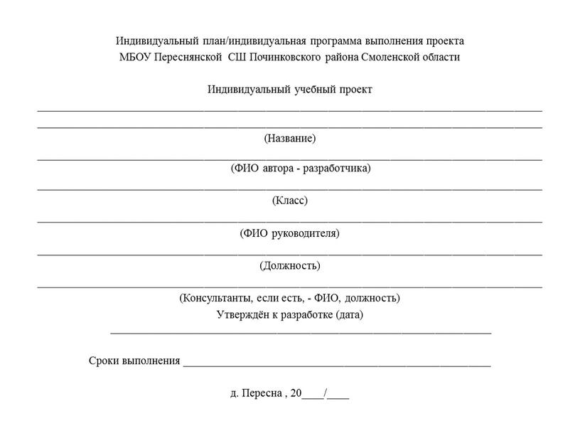 Индивидуальный план/индивидуальная программа выполнения проекта