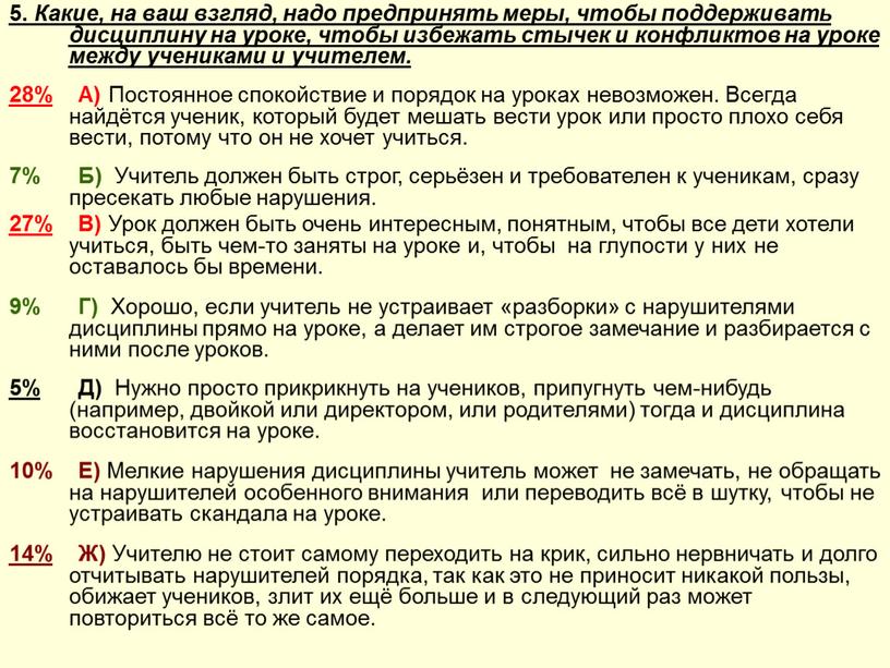 Какие, на ваш взгляд, надо предпринять меры, чтобы поддерживать дисциплину на уроке, чтобы избежать стычек и конфликтов на уроке между учениками и учителем