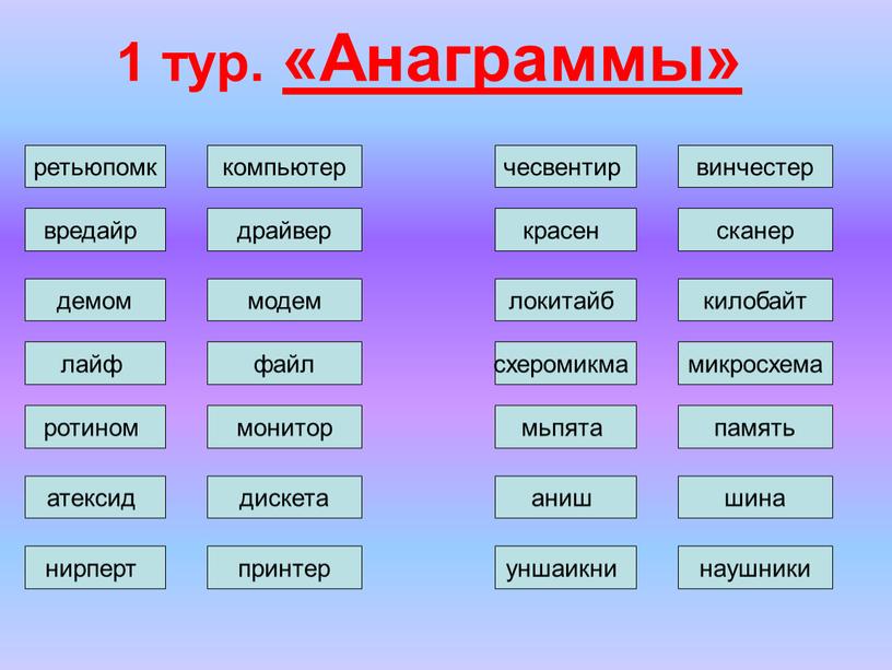 Анаграммы» ретьюпомк компьютер вредайр драйвер демом модем лайф файл ротином монитор атексид дискета нирперт принтер чесвентир винчестер красен сканер локитайб килобайт схеромикма микросхема мьпята память…